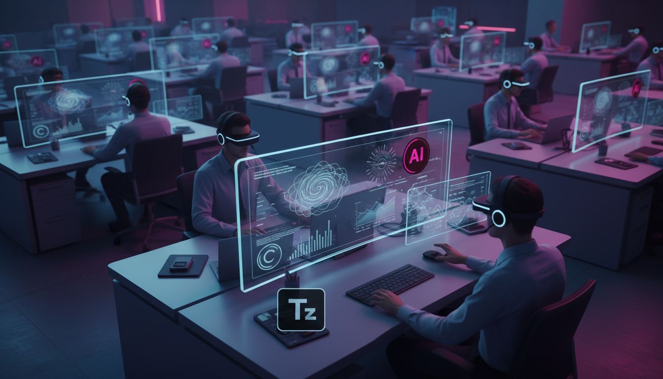 Agentes de IA: O Futuro do Atendimento e Vendas — Um call center movimentado visto de um ângulo elevado, mostrando vários atendentes usando headsets e interagindo com clientes em seus computadores. Em