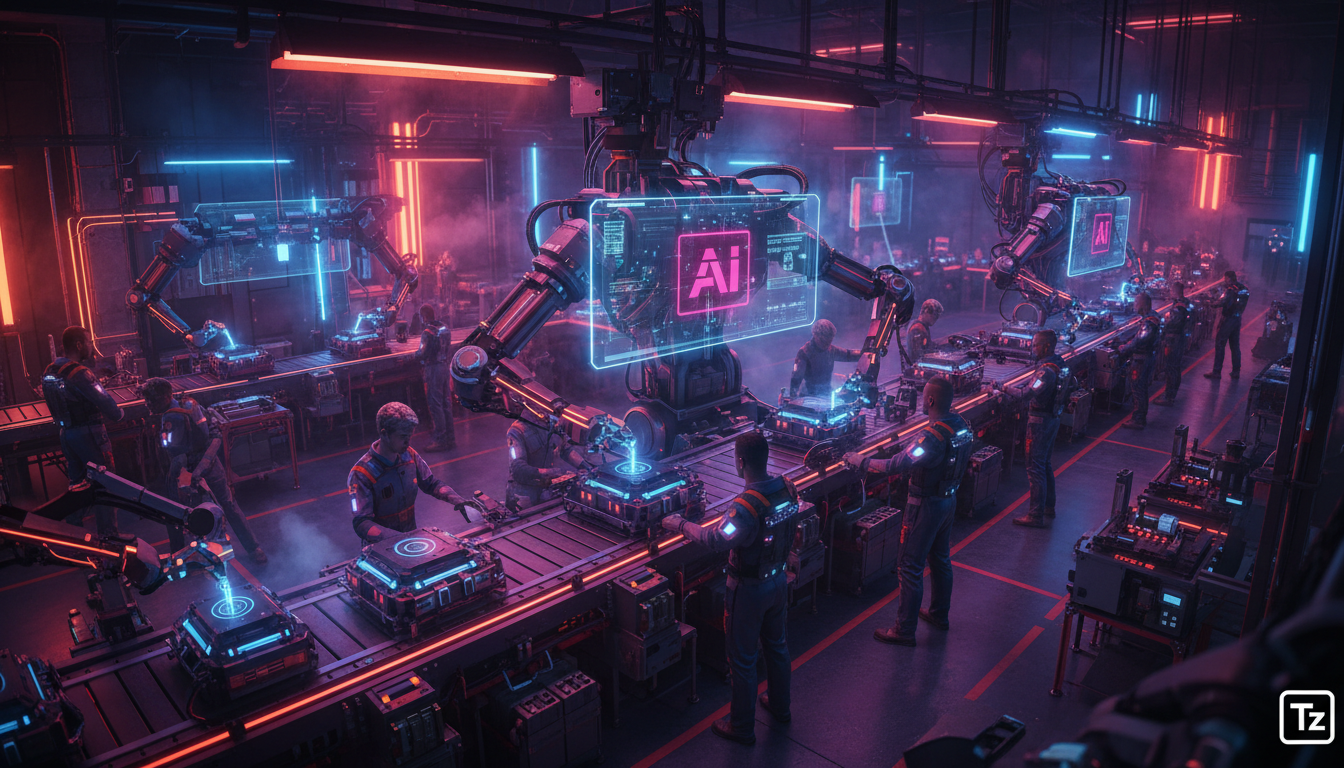 Agentes de IA: O Futuro do Trabalho e da Educação — Visão aérea de uma linha de montagem automatizada em uma fábrica moderna, onde robôs colaborativos (cobots) trabalham lado a lado com humanos. Os ro