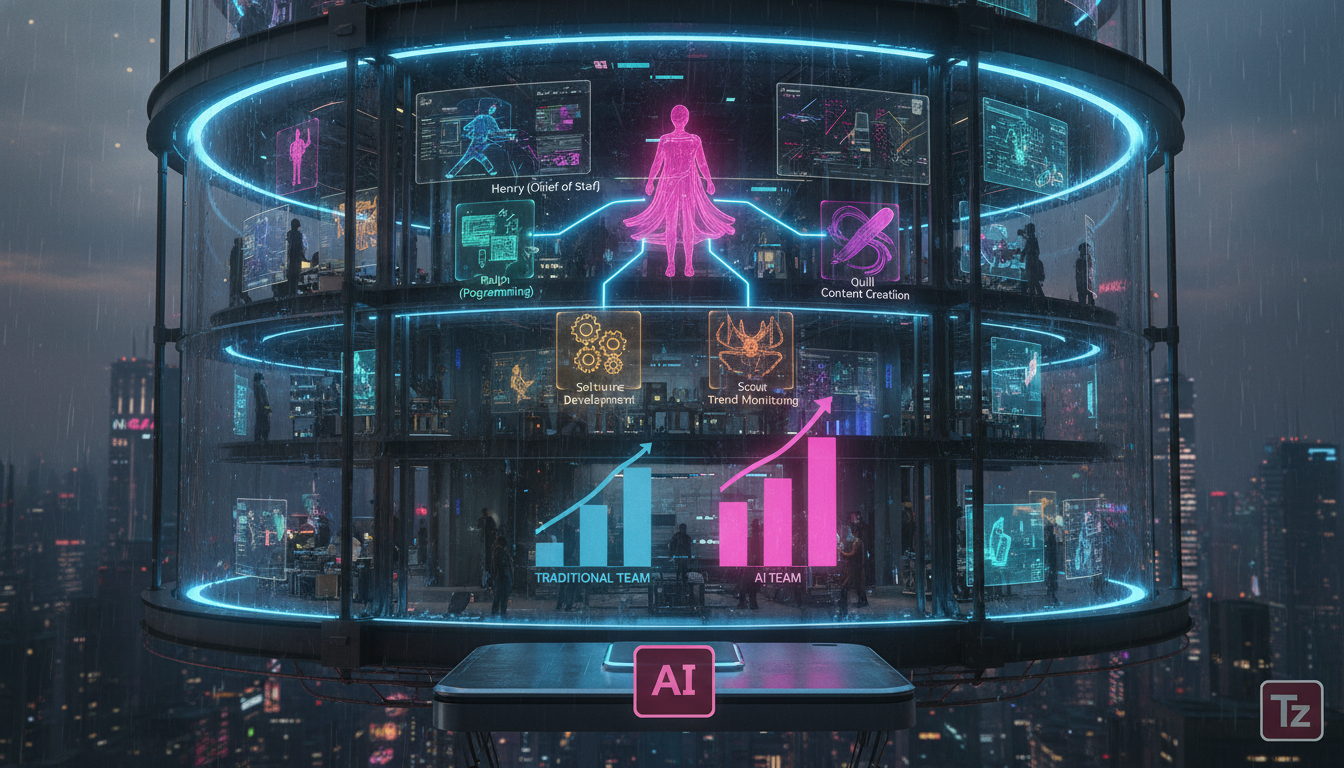 Agentes de IA: O Futuro do Trabalho Já Chegou — Um diagrama infográfico dividido em duas partes para carrossel do Instagram. Parte superior: organograma de uma equipe de IA, com Henry (Chief of Staff)