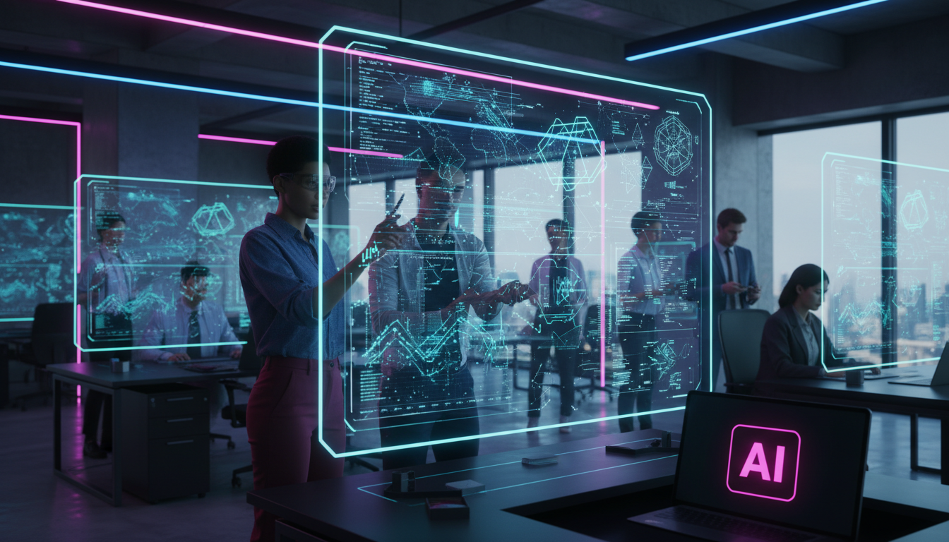 Agentes de IA: O Impacto no Mercado de Trabalho e Como se Preparar — Um escritório moderno e movimentado, com pessoas colaborando em torno de telas que exibem visualizações complexas de dados e algori