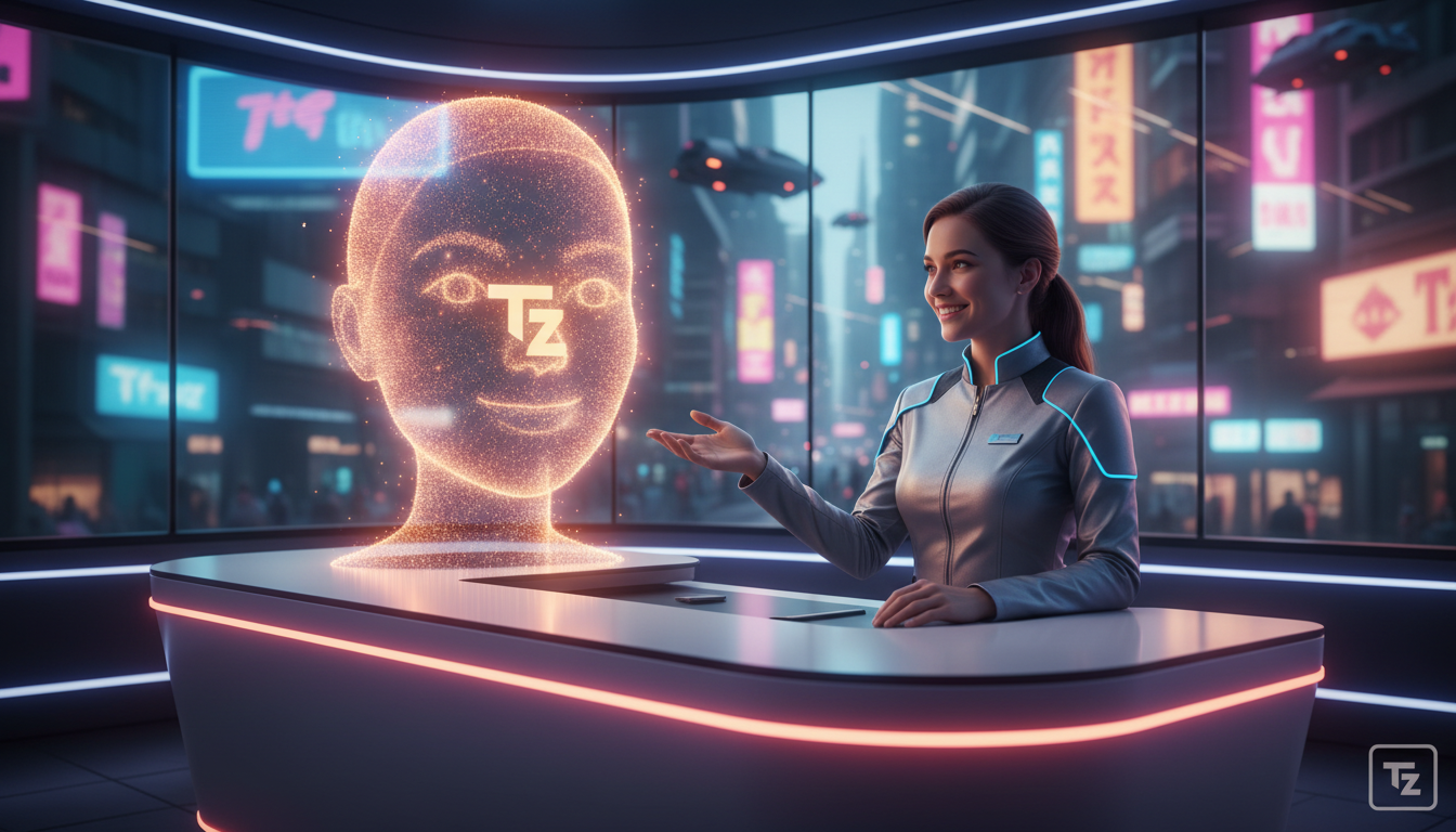 Agentes de IA: O Novo Rosto das Marcas e o Futuro do Atendimento — Um balcão de atendimento moderno e minimalista, com um atendente humano sorrindo e interagindo com um holograma de um agente de IA. O