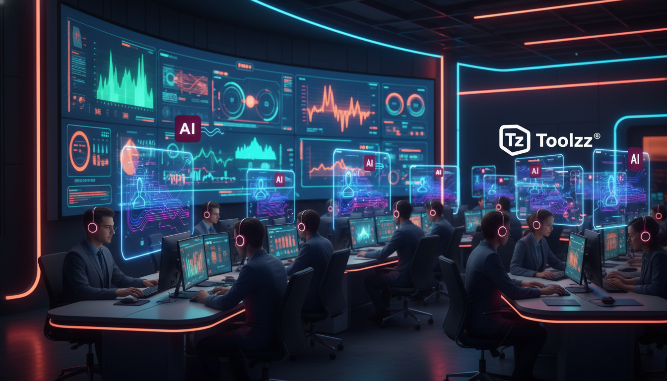 Agentes de IA: Otimize Atendimento e Educação Corporativa — Um call center movimentado com agentes usando headsets, mas com hologramas de chatbots da Toolzz flutuando acima deles, resolvendo consultas