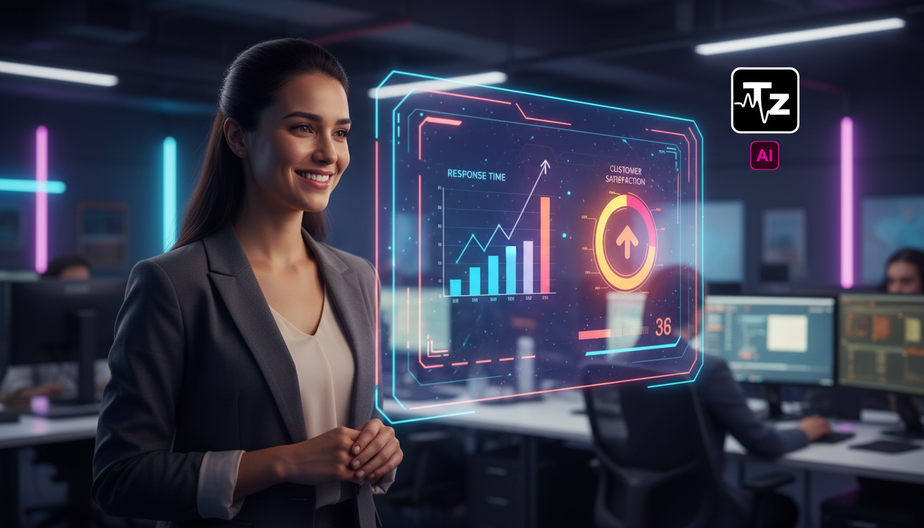 Agentes de IA: Otimize Atendimento e Vendas — Um atendente de suporte ao cliente (pessoa real) sorrindo enquanto observa um painel com métricas positivas sobre o desempenho de um agente de IA da Toolz