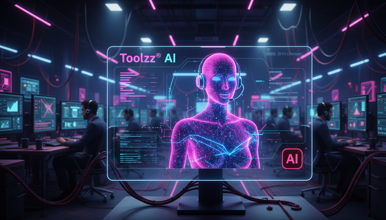 Agentes de IA: Otimize Atendimento e Vendas — Um call center movimentado visto de um ângulo levemente superior, mostrando vários agentes humanos interagindo com clientes. Em primeiro plano, um monitor