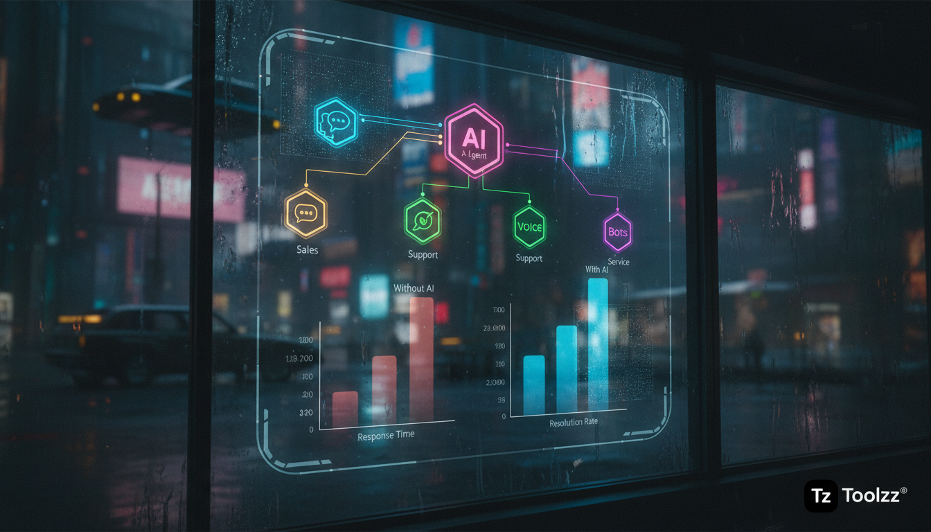 Agentes de IA: Otimize Atendimento e Vendas — Um diagrama infográfico dividido em duas seções. Superior: Fluxograma mostrando um cliente interagindo com um chatbot da Toolzz em um site, o chatbot enca