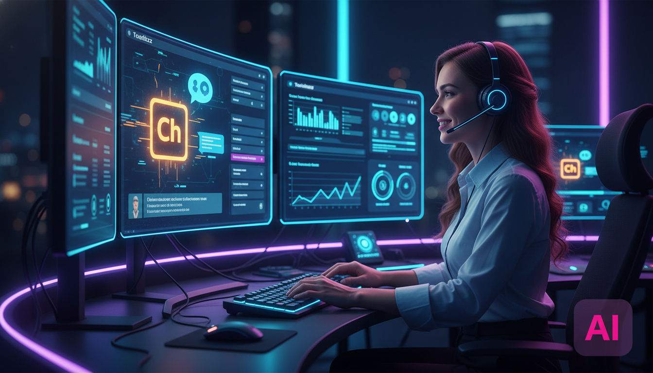 Agentes de IA: Otimize Atendimento, Educação e Resultados — Um atendente de call center, com fones de ouvido, sorrindo enquanto observa um painel de controle com diversas janelas de chat e gráficos de