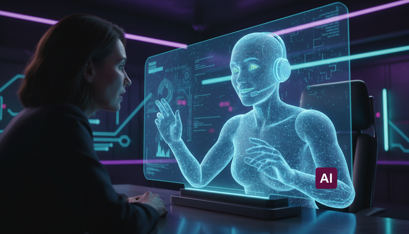 Agentes de IA: Otimize Processos e Impulsione sua Empresa — Close-up de um sales development representative (SDR) virtual, com fones de ouvido e microfone, interagindo com um cliente em potencial atra