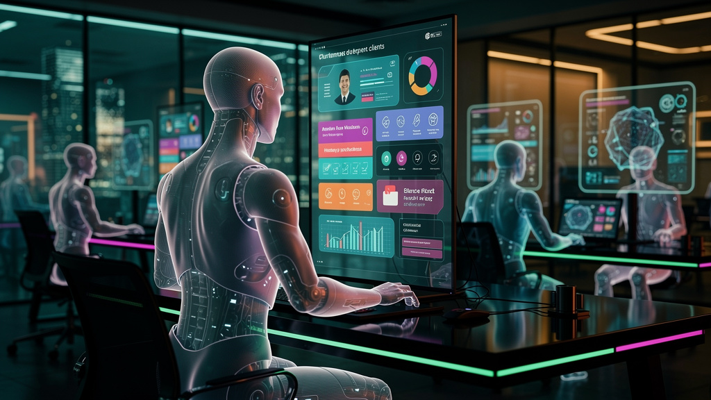 Agentes de IA para Empresas: O Futuro da Automação — Um agente de IA (representado como uma figura humanoide semi-transparente, com visual futurista, mas não robótico) está analisando o perfil de um c