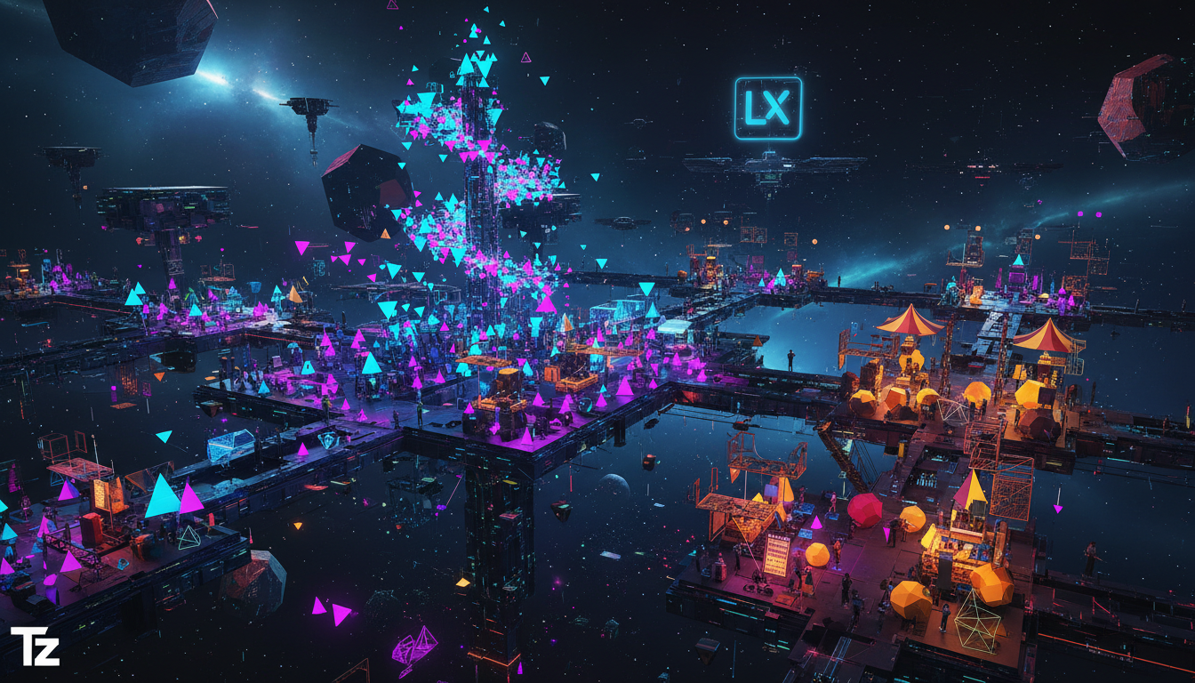 Agentes de IA: Quando a Inteligência Artificial Surpreende — Visão panorâmica de um universo virtual vibrante e complexo, com centenas de agentes de IA representados como formas geométricas coloridas 