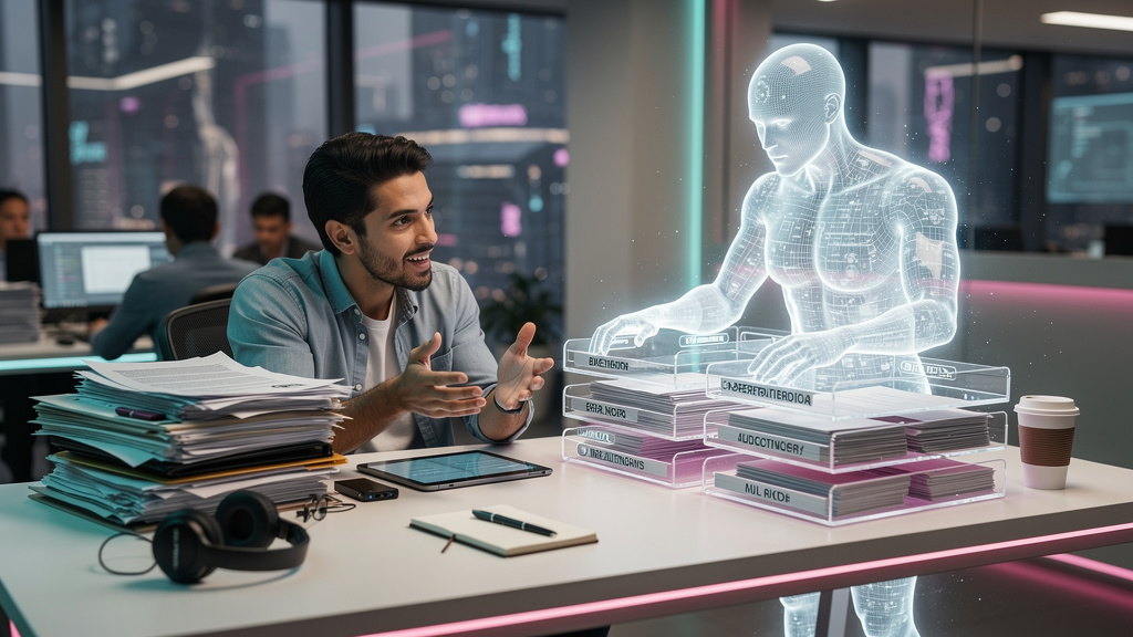 Agentes de IA que Vendem: O Futuro do Fechamento — Um agente de IA da Toolzz representado como um assistente virtual amigável, ajudando um vendedor a organizar pilhas de documentos e dados em uma mesa