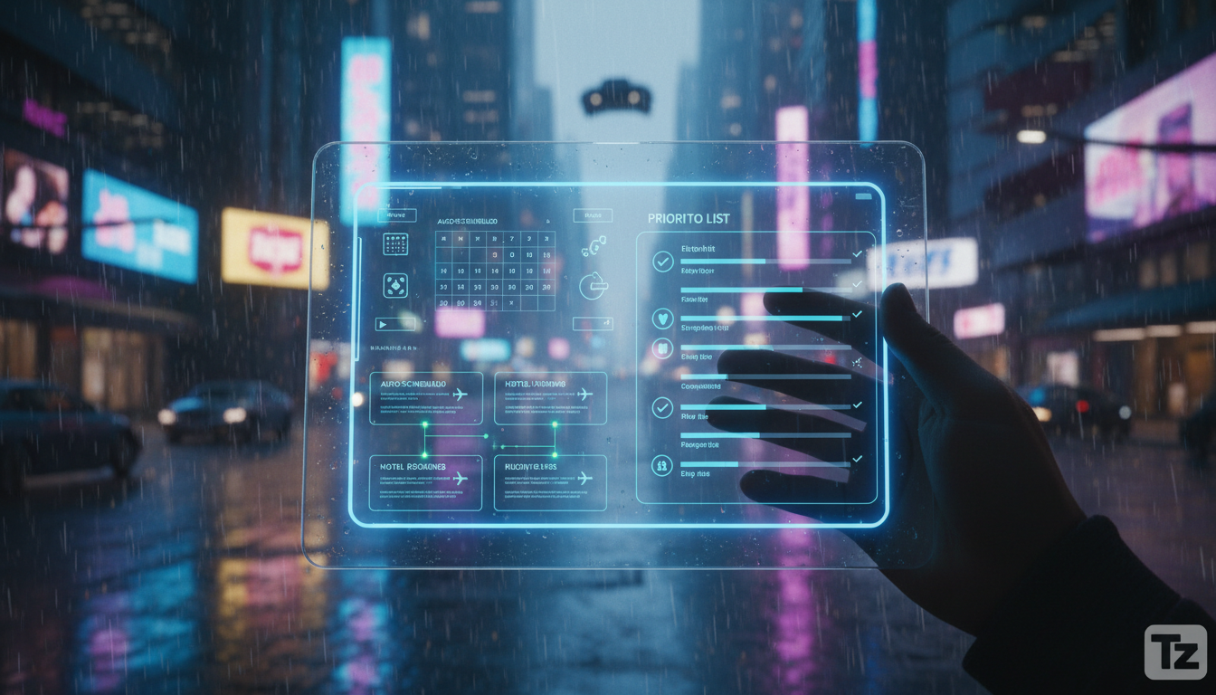 Agentes de IA: Realidade vs. Expectativas no Cotidiano — Uma tela de tablet mostrando uma interface de usuário limpa e organizada. A tela exibe um calendário com compromissos agendados automaticamente