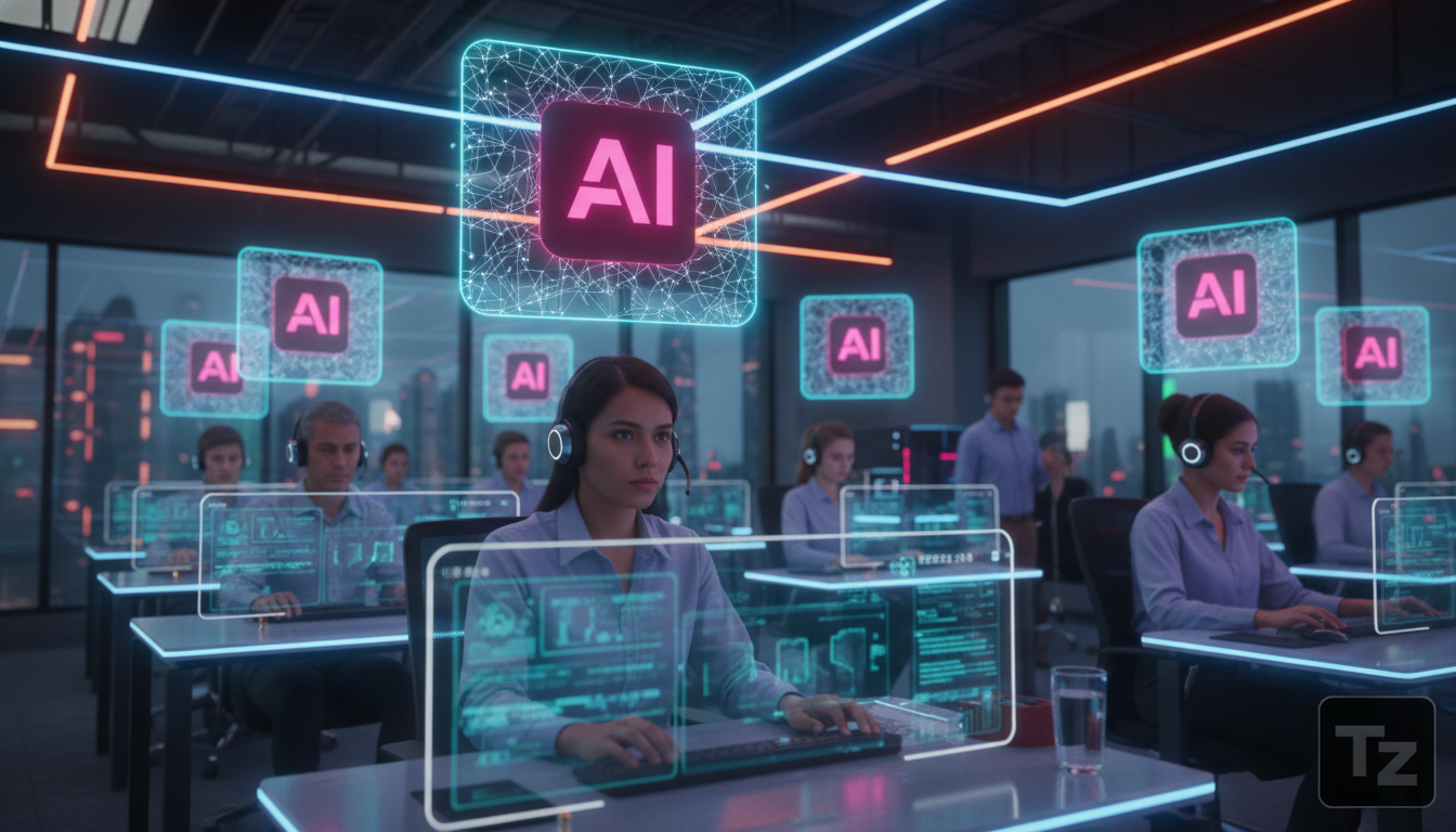 Agentes de IA: Transformando Atendimento e Educação Corporativa — Um balcão de atendimento ao cliente movimentado, com diversos atendentes humanos atendendo chamados. Sobre cada atendente, um avatar d