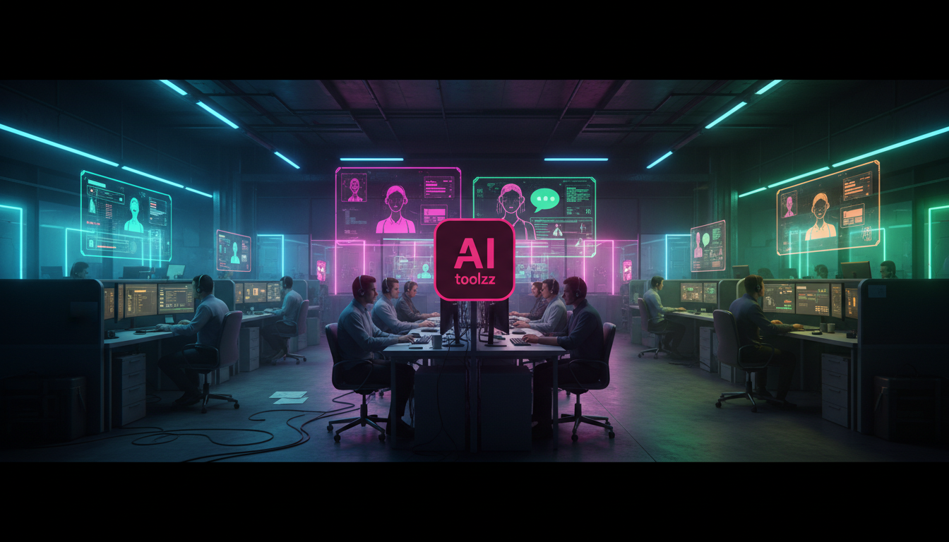 Agentes de IA: Transformando Atendimento e Educação Corporativa — Um call center movimentado se transforma gradualmente em um espaço silencioso e organizado, onde agentes de IA em telas auxiliam os po