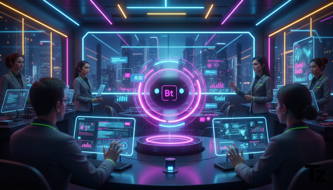 Agentes de IA: Transformando Atendimento e Educação Corporativa — Um chatbot da Toolzz com design amigável e moderno, projetado como um assistente virtual flutuante no meio de uma sala de atendimento 