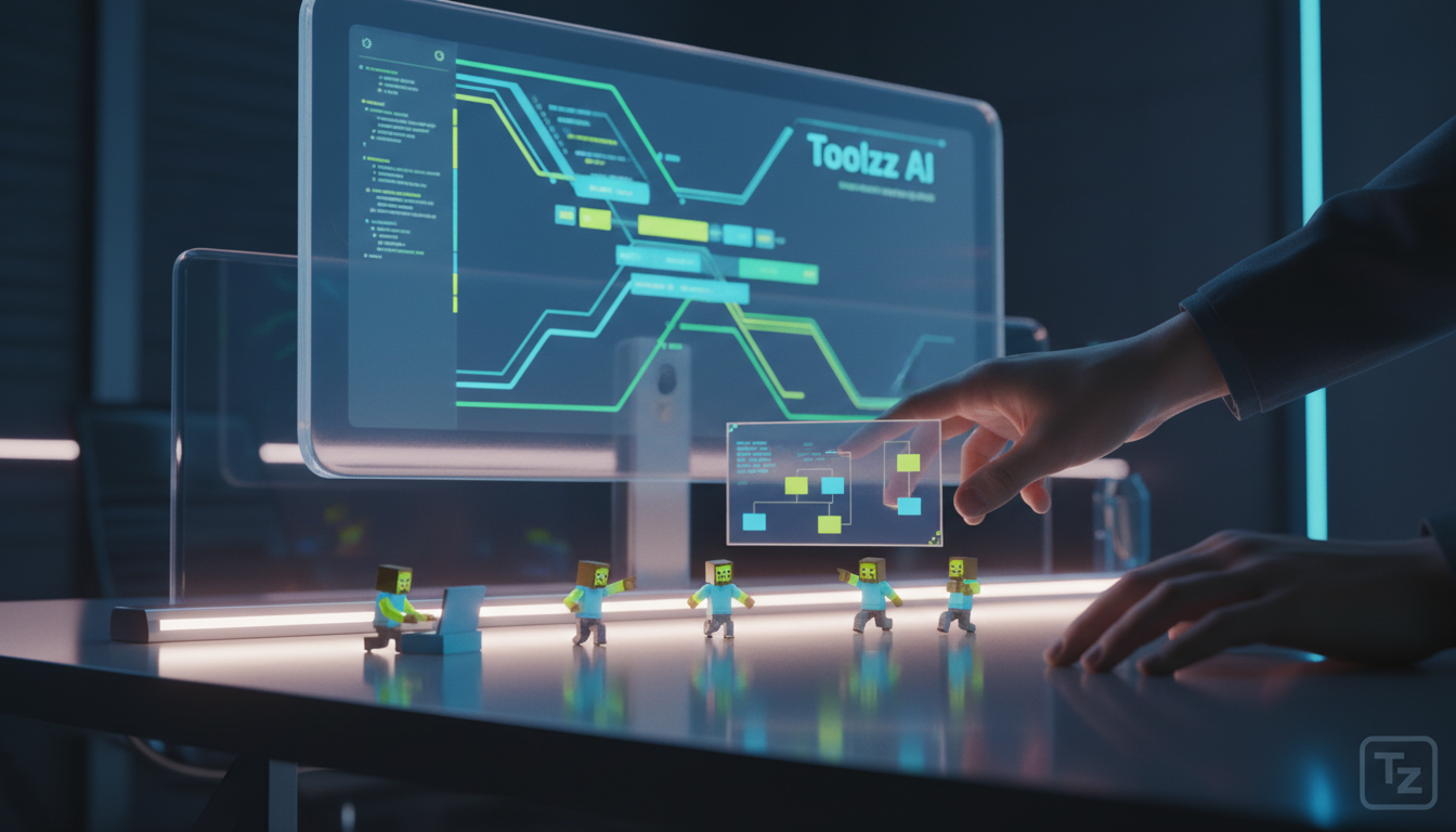 Agentes de IA: Uma Nova Personalidade para o Seu Trabalho — Visão em close-up de mãos interagindo com pequenas figuras pixeladas que representam agentes de IA em uma mesa de escritório moderna e minim