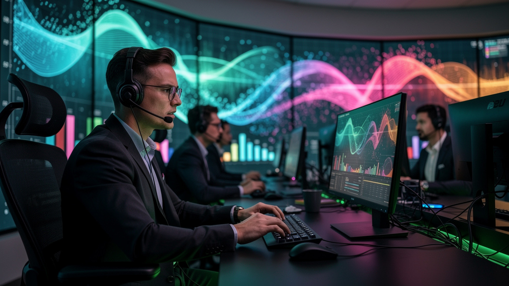 Agentes de Voz com IA: A Revolução na Comunicação Empresarial — Um call center moderno e movimentado. Operadores diversos atendem chamadas usando headsets com microfones de alta qualidade. Um painel g