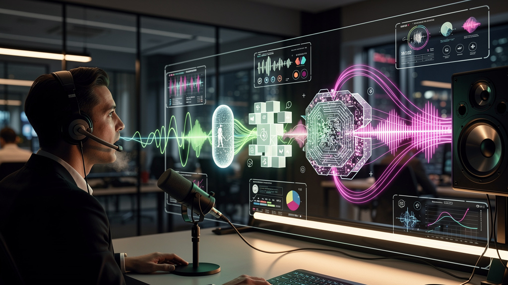 Agentes de Voz com IA: O Futuro da Comunicação Empresarial — Um diagrama detalhado mostrando o fluxo de dados em um sistema de agente de voz com IA. O usuário fala em um microfone, as ondas sonoras sã