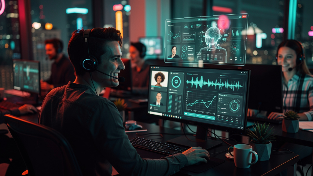 Agentes de Voz com IA: O Futuro do Atendimento ao Cliente — Um call center vibrante e moderno, com agentes de atendimento usando headsets e sorrindo enquanto interagem com telas holográficas que exibe