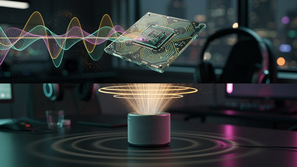 Agentes de Voz com IA: O Futuro do Atendimento ao Cliente — Um diagrama infográfico dividido em duas partes. Parte superior: Representação visual de ondas sonoras (speech-to-text) se transformando em 