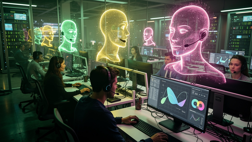 Agentes de Voz com IA: O Futuro do Atendimento — Um call center movimentado, mas com apenas alguns operadores humanos. Acima deles, projeções holográficas de agentes de voz com IA respondendo chamadas