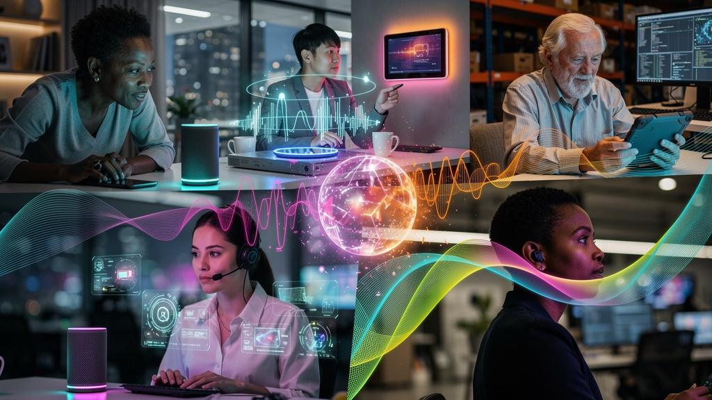 Agentes de Voz com IA: O Futuro do Atendimento e da Produtividade — Um mosaico de rostos diversos (clientes, funcionários), cada um interagindo com interfaces de voz em diferentes dispositivos (smartp