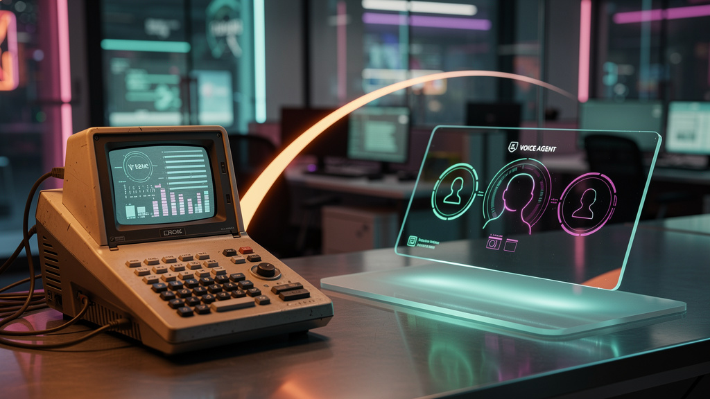 Agentes de Voz e URA Inteligente: O Futuro do Atendimento — Representação visual da evolução da URA. Em primeiro plano, uma tela antiga de IVR com menus complexos e botões físicos. Em segundo plano, u