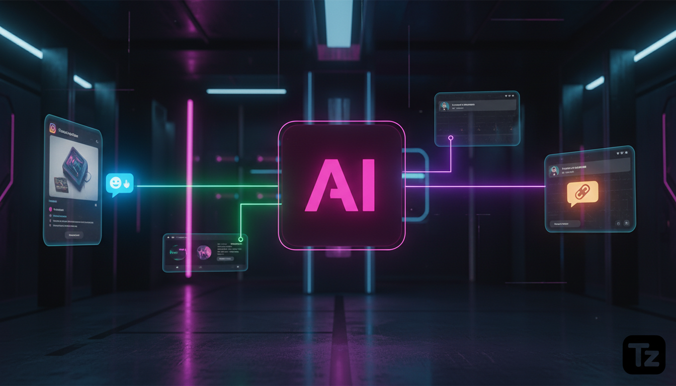 Agentes IA e o futuro do trabalho — Um diagrama visual mostrando o fluxo de interação no Instagram: um usuário comenta em um post, o agente de IA da Toolzz analisa o comentário, e automaticamente envi