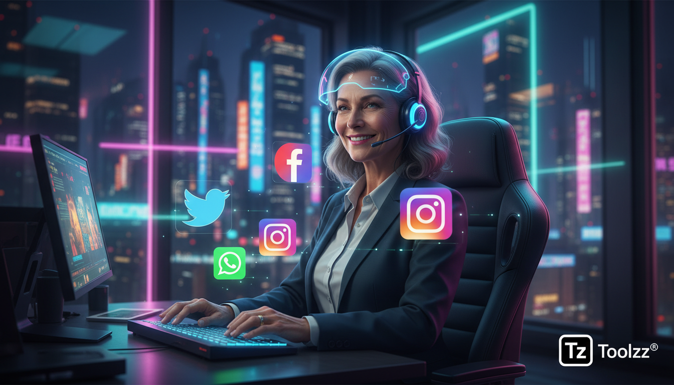 Agentes IA em Redes Sociais em números: dados e estatísticas de 2026 — Um atendente de suporte ao cliente, com um headset, sorrindo enquanto interage com vários avatares de diferentes plataformas de m