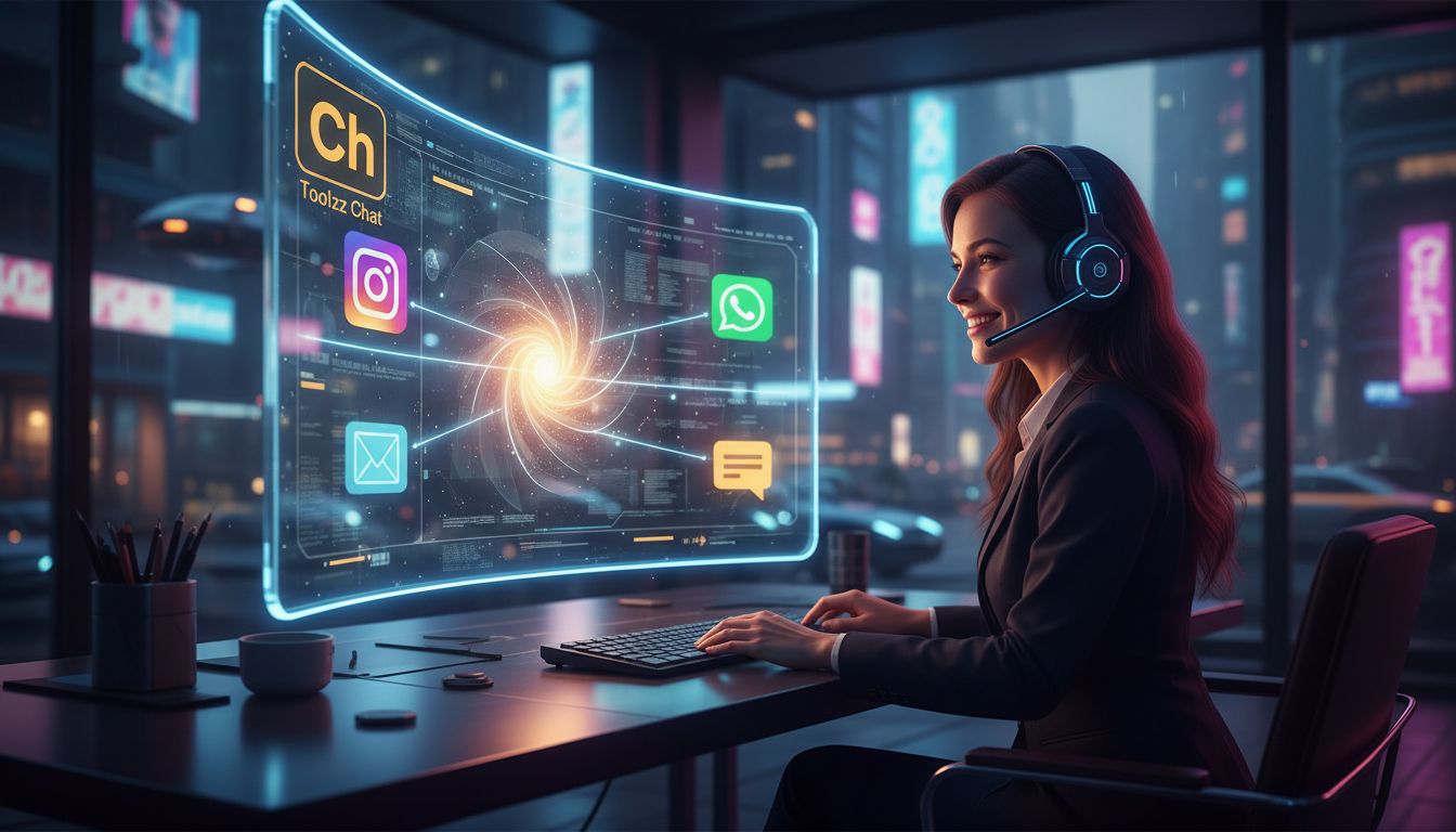 Agentes IA Social Media: pesquisa revela dados surpreendentes — Um atendente de suporte ao cliente, usando um headset, sorri enquanto olha para um dashboard unificado em sua tela. O dashboard mostra í