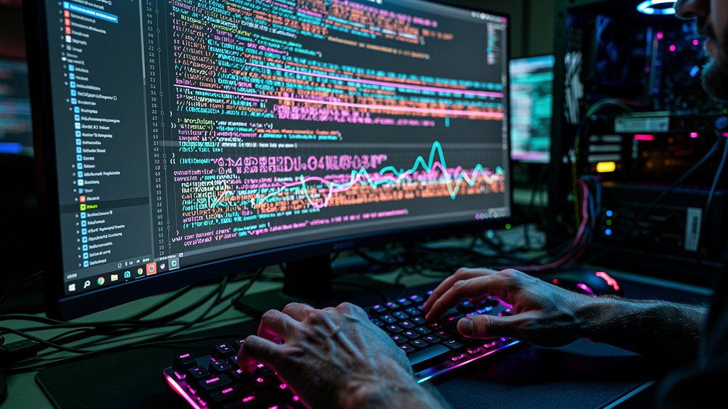 Agentes Inteligentes: O Futuro da Produtividade e Eficiência — Um close-up das mãos de um desenvolvedor digitando código em um monitor. O código que ele está digitando é visivelmente relacionado a alg