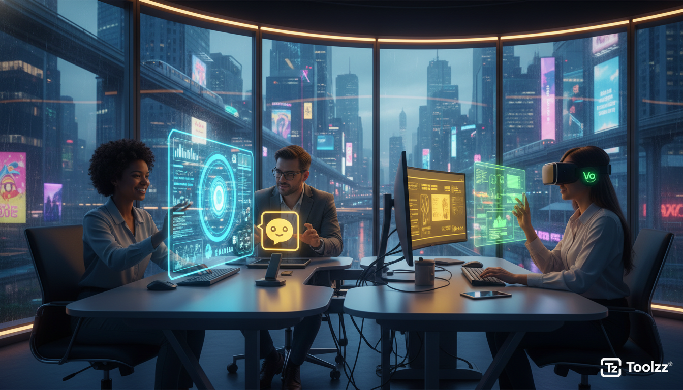 Agora não é o fim do mundo: IA e a automação no trabalho — Um escritório moderno e iluminado, com grandes janelas mostrando uma vista da cidade. Um grupo diversificado de funcionários está trabalhando