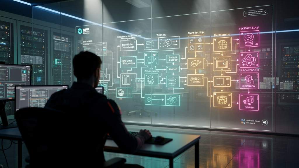 AI DataOps: Otimizando o Ciclo de Vida dos seus Agentes de IA — Um diagrama de blocos complexo que representa o ciclo de vida de um agente de IA, desde a coleta de dados até a implantação e o monitora