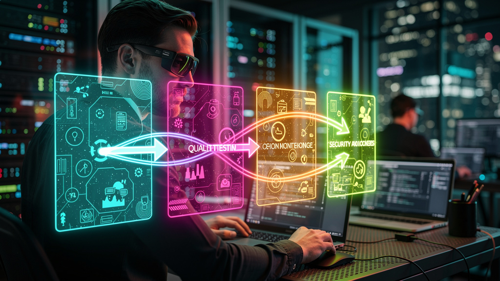 AI DevOps Actions é a solução para desafios em CI/CD em 2026 — Visualização em realidade aumentada mostrando um diagrama de blocos representando o fluxo de CI/CD para projetos de IA. Cada bloco (teste