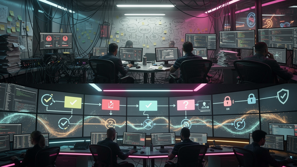 AI DevOps: Automatizando a Qualidade e Segurança do Código — Um diagrama infográfico em duas partes (superior e inferior para carrossel). Parte superior: Fluxograma mostrando o processo tradicional de