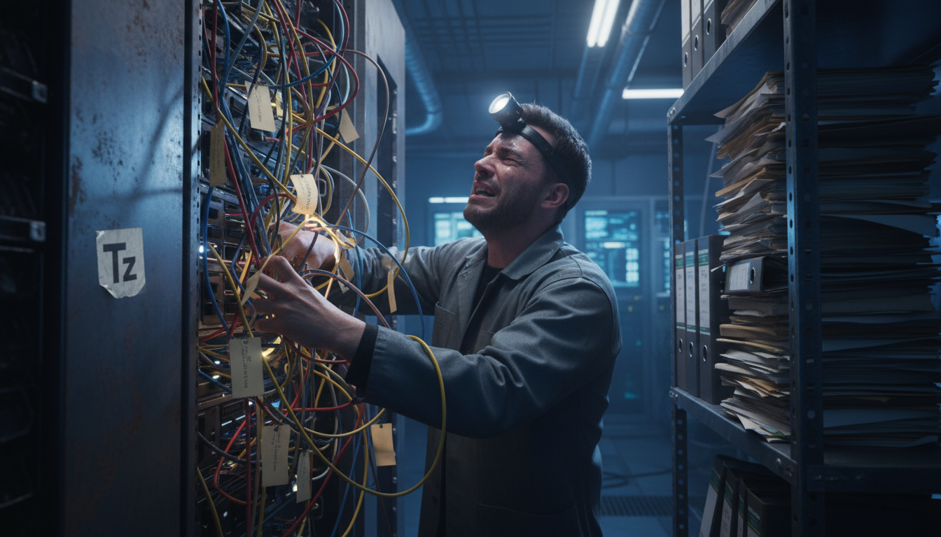 Além das Tabelas: A Vantagem dos Grafos para a Gestão de TI — Um armário de servidores antigo, com cabos emaranhados e etiquetas desatualizadas penduradas. Um técnico de TI frustrado tenta desembaraça