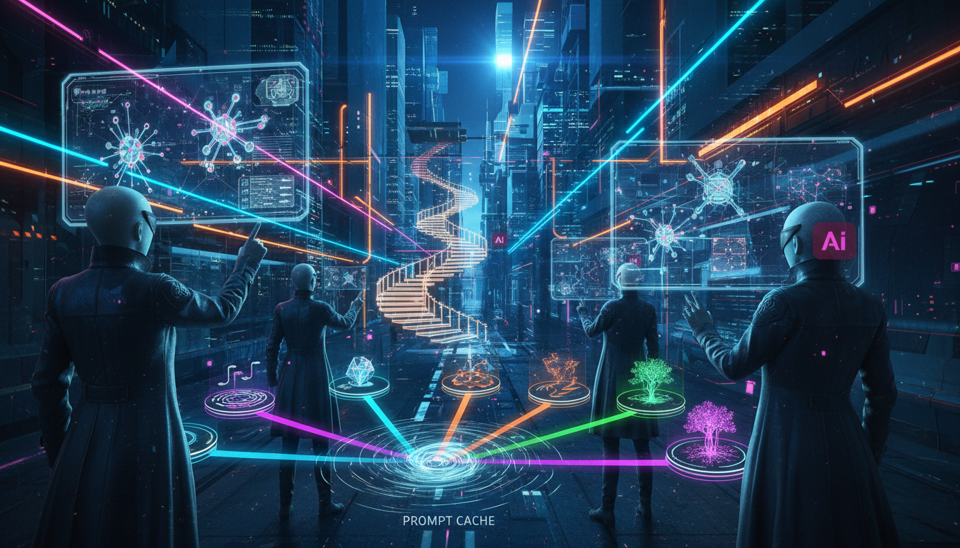 Além do Cache de Prompts: 5 Estratégias para Otimizar RAG — Create a high-end editorial illustration in a modern flat + gradient vector style.  STYLE: Clean, geometric, semi-abstract human figures wit