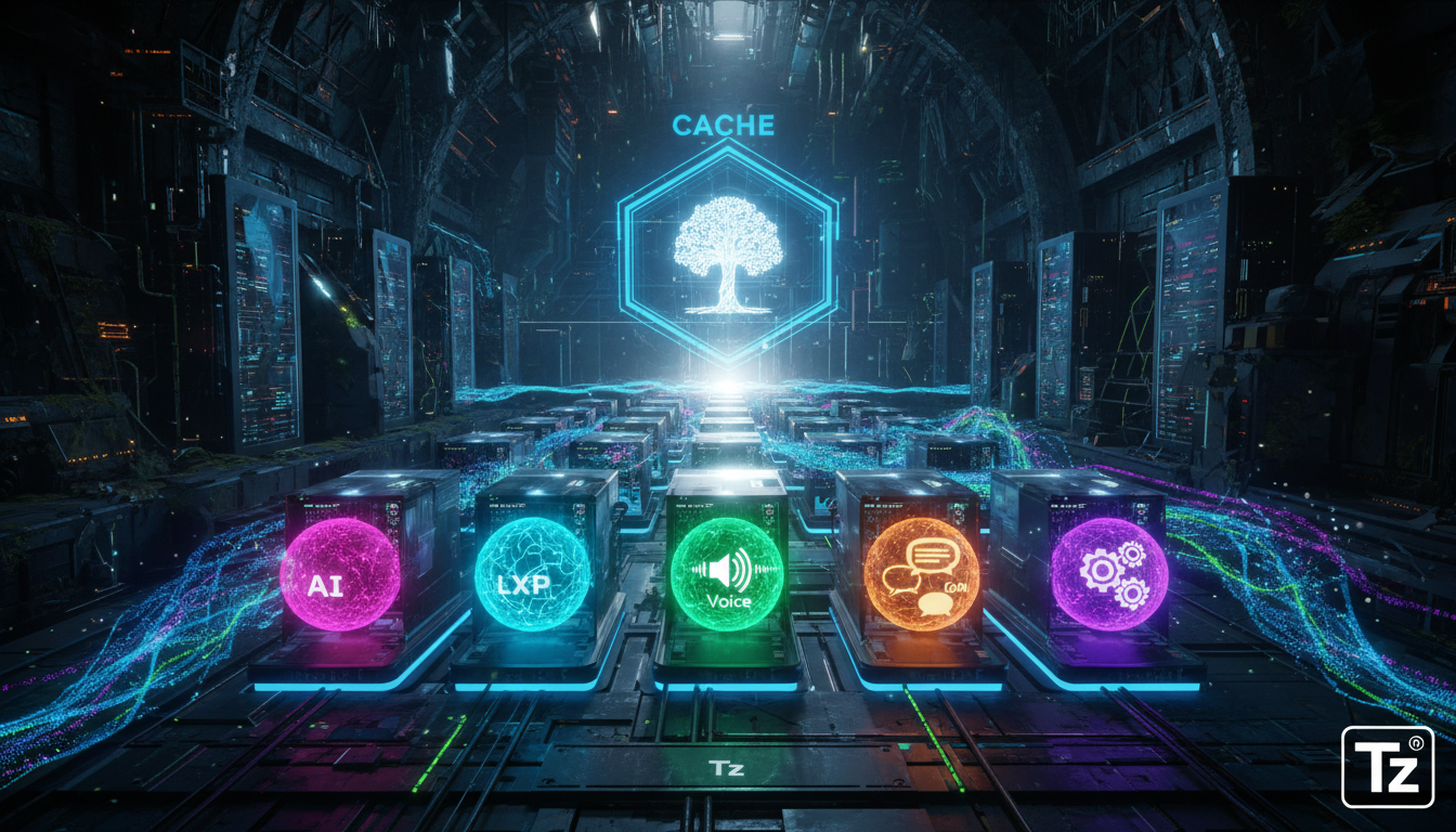 Além do Cache de Prompts: 5 Otimizações Essenciais para RAG — Create a high-end editorial illustration in a modern flat + gradient vector style.  STYLE: Clean, geometric, semi-abstract human figures w