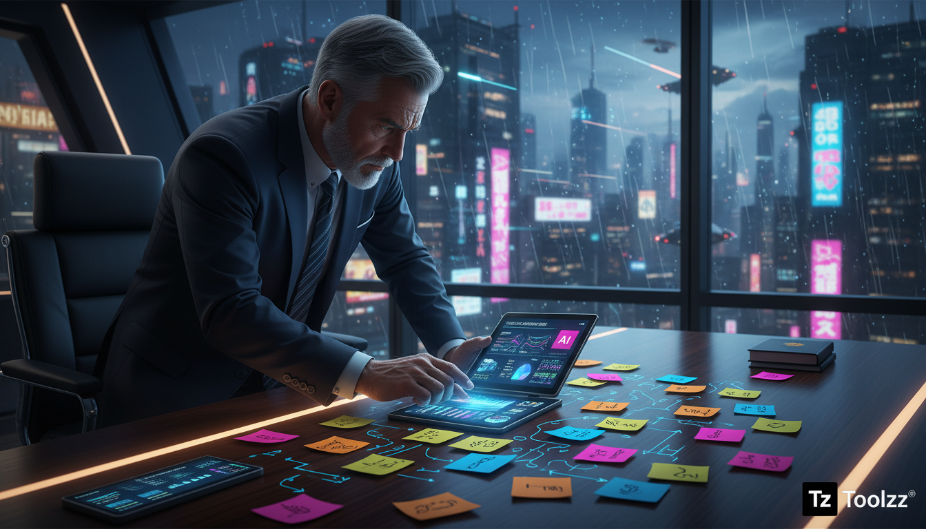 Alfabetização em IA: Por Que Sua Empresa Precisa Urgente — Um executivo sênior em um escritório moderno, inclinado sobre uma mesa, analisando um relatório da Toolzz em um tablet. Ele está cercado por 