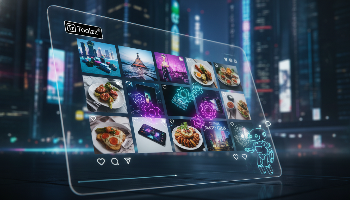 Análise completa: vale a pena investir em automação no Instagram? — Um close-up de um feed do Instagram preenchido com posts visualmente atraentes. Os posts são sobrepostos por pequenas engrenagens an