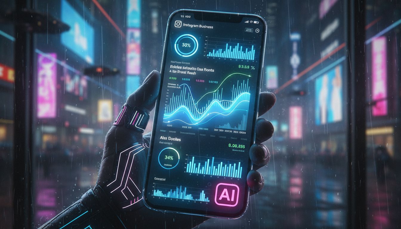 Análise completa: vale a pena investir em IA para Instagram Business? — Close-up de um smartphone exibindo a tela de análise de dados do Instagram Business. Gráficos coloridos mostram o crescimento de