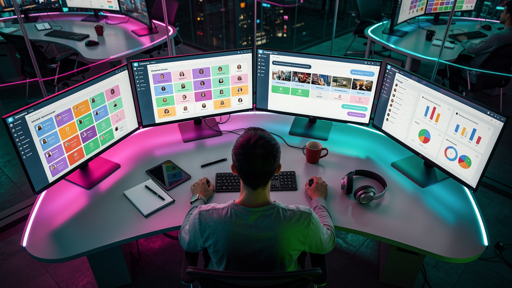 Análise completa: vale a pena investir em Portal do Professor no LXP? — Um instrutor em um escritório moderno, cercado por telas que exibem diferentes funcionalidades do Portal do Professor da Toolzz