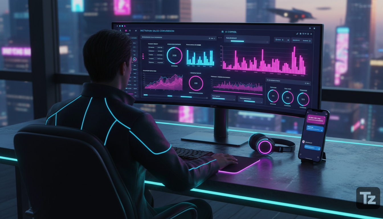 Anatomia da Venda no Instagram: entendendo cada componente — Visão aérea de uma mesa de escritório moderna e minimalista. Um profissional está focado em um monitor exibindo um painel de controle da To