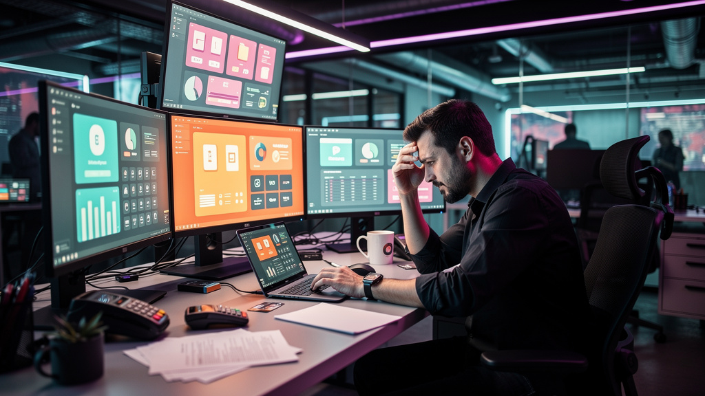 Anatomia do LXP: como a integração de pagamento revoluciona a educação corporati — Um colaborador frustrado tentando pagar um curso corporativo através de múltiplos sistemas. Ele está sentado em frent