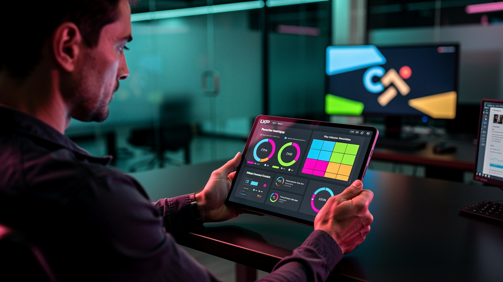 Anatomia do LXP: entendendo cada componente — Ilustração de um profissional de RH analisando um painel de controle de LXP em um tablet. O painel mostra métricas de engajamento e desempenho dos colabor