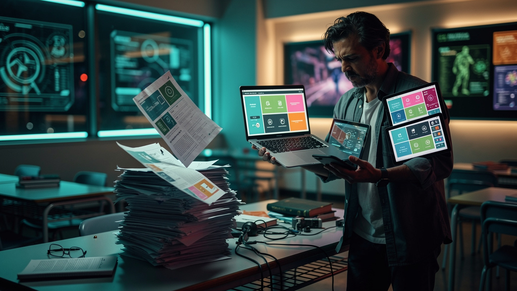 Anatomia do Portal do Professor: entendendo cada componente — Um professor tentando equilibrar vários dispositivos (laptop, tablet, smartphone) enquanto segura uma pilha de papéis que ameaça cair. Cad