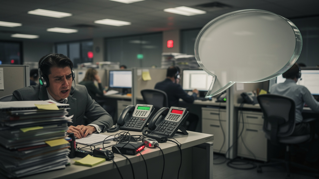 Antes e depois: impacto real da integração IA e Chatbots em 2026 no atendimento — Um call center tradicional visto em tons de cinza e iluminação fraca. Agentes sobrecarregados com pilhas de papéis e t