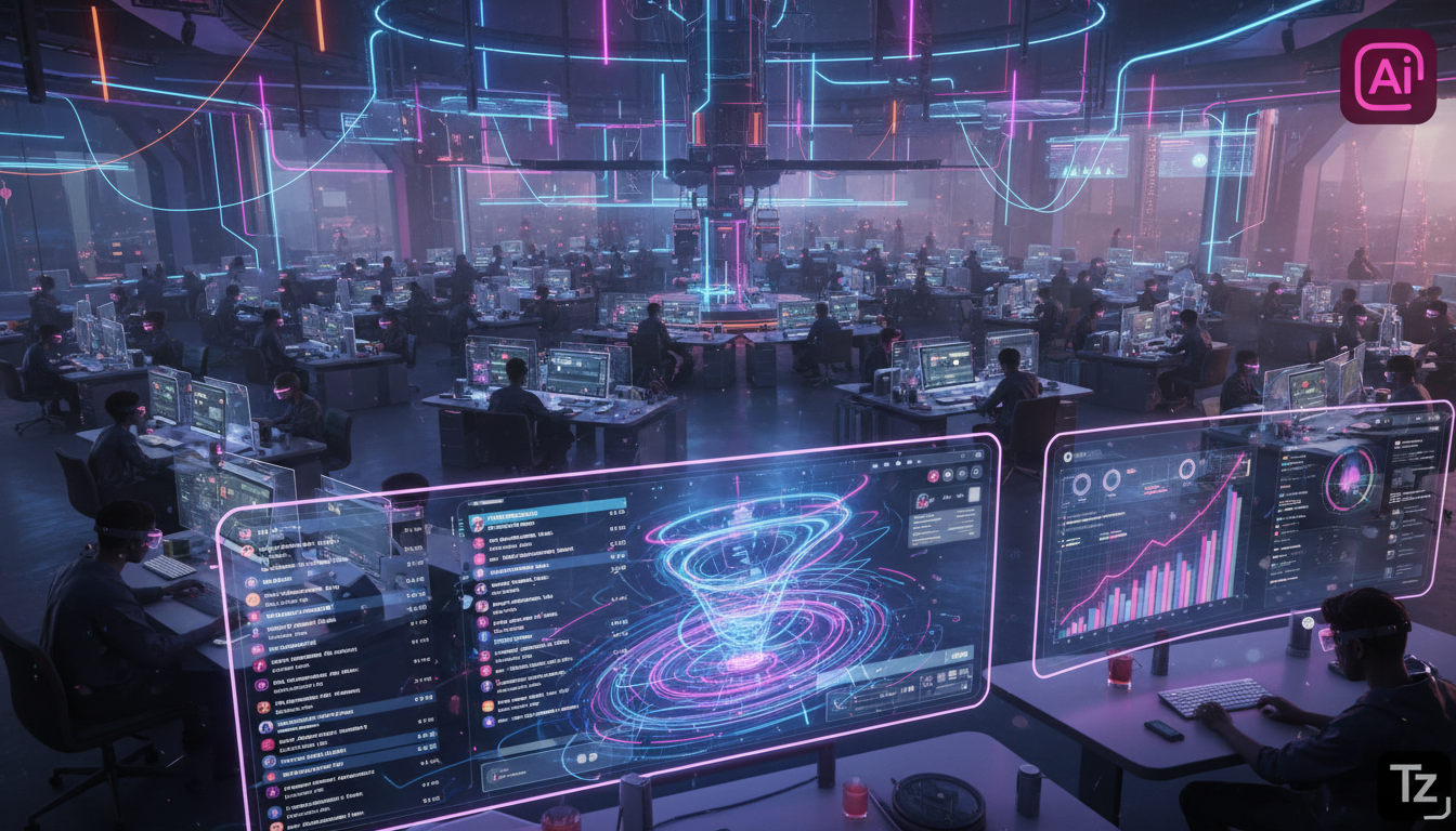 Antes e depois: impacto real de automação Instagram em vendas — Um escritório movimentado com diversas pessoas trabalhando em computadores. Em primeiro plano, uma tela mostra uma cascata de comentário