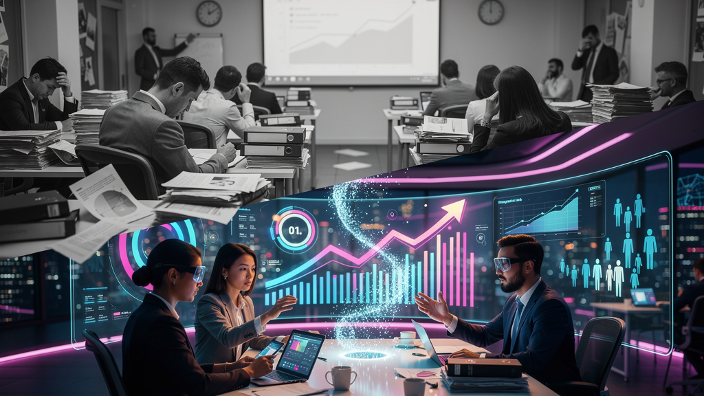 Antes e depois: impacto real de IA em educação corporativa — Infográfico comparando a educação corporativa tradicional (treinamento em sala de aula com pilhas de papel) com a educação moderna baseada 
