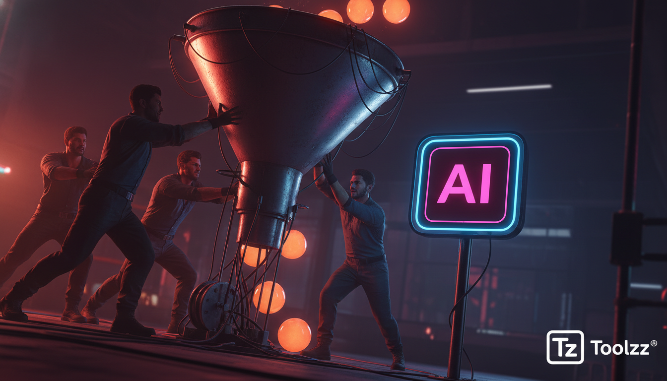 Antes e depois: impacto real de IA em leads — Ilustração digital mostrando um funil de vendas tradicional, com pessoas tentando empurrar leads manualmente para dentro dele, com grande esforço e baixa 