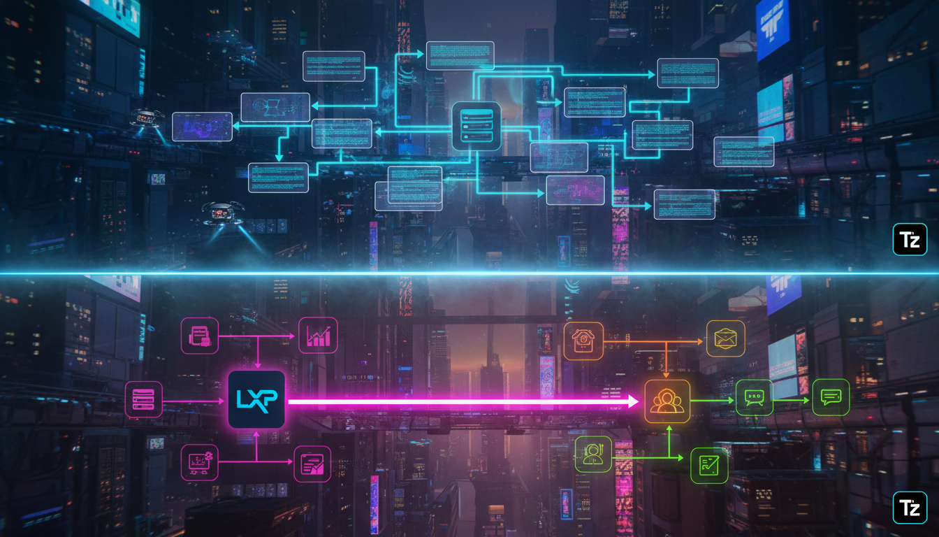 Antes e depois: impacto real de Webhooks em Educação Corporativa — Diagrama infográfico dividido em duas partes (superior/inferior). Parte superior: Fluxograma mostrando o processo tradicional de API 